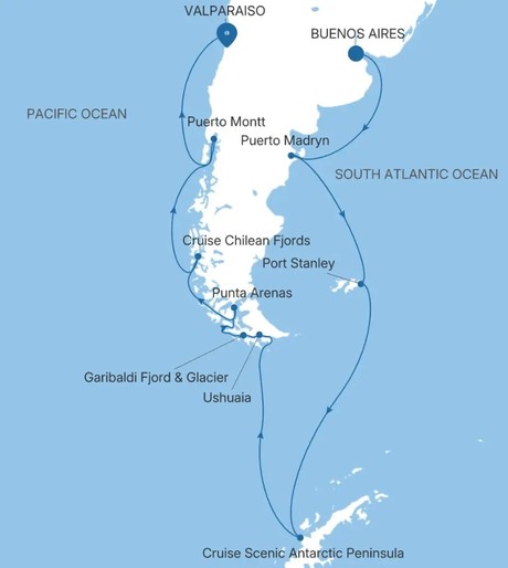 Map for Buenos Aires to Valparaiso - Argentina, Antarctica & Chile Luxury 19 Day Expedition Cruise
